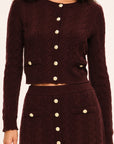 LoveShackFancy Eugenie Cardigan in cinnabar, close-up of knit texture and garment details