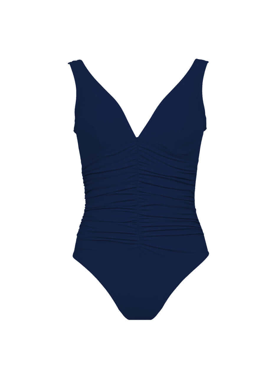 Karla Colletto Smart V-Neck One Piece Color: Navy Size: 6 at Petticoat Lane Greenwich, CT