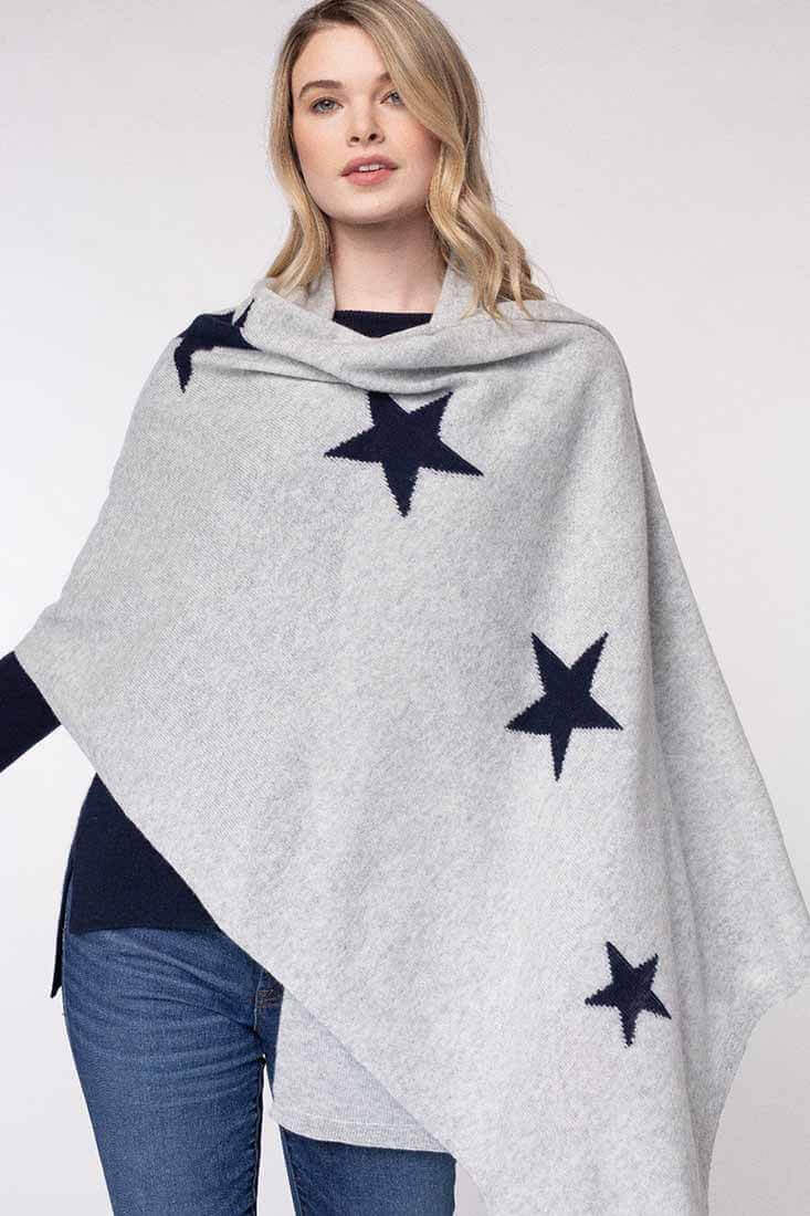Alashan Cashmere Cashmere Star Intarsia Wrap Color: Ash with Indigo Stars at Petticoat Lane Greenwich, CT