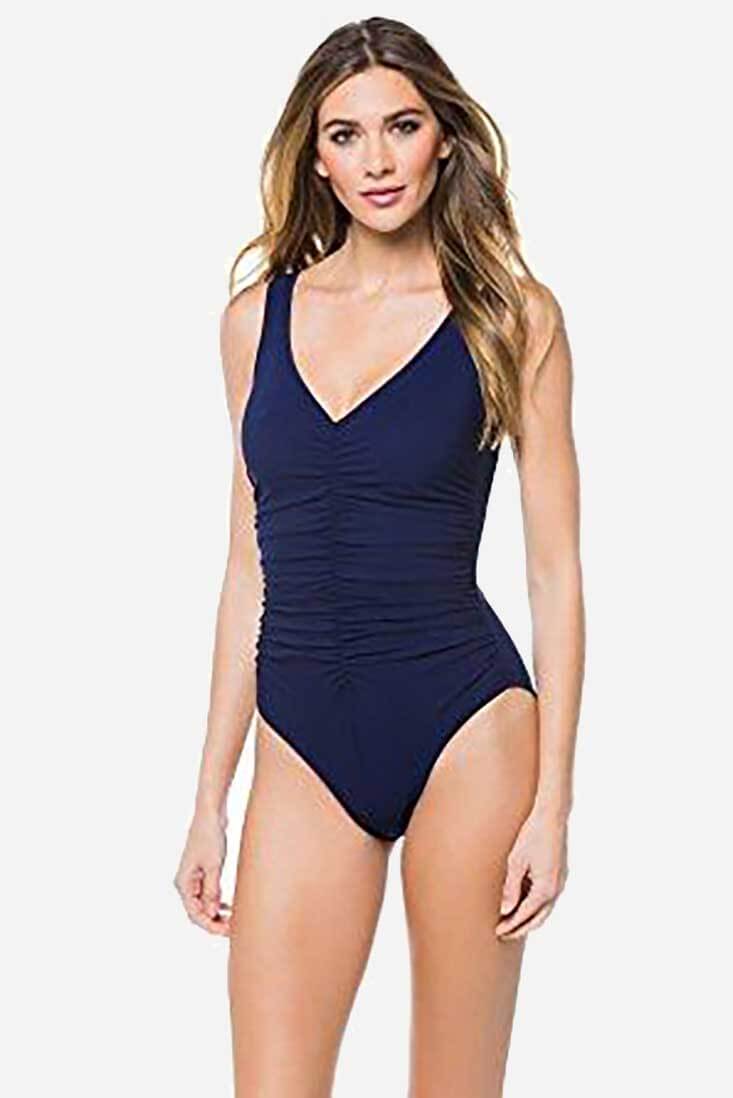 Karla Colletto V Neck Silent Underwire Color: Navy Size: 8 at Petticoat Lane Greenwich, CT