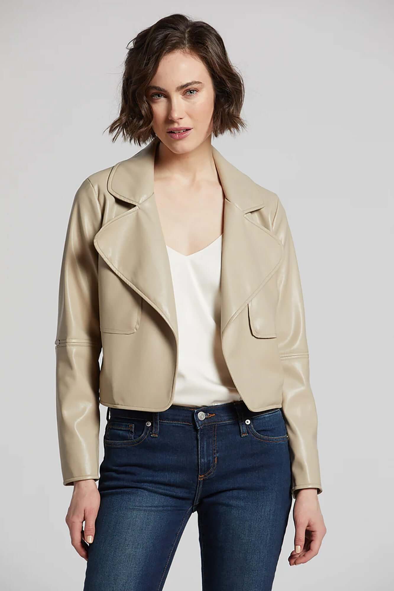 Short tan cheap leather jacket