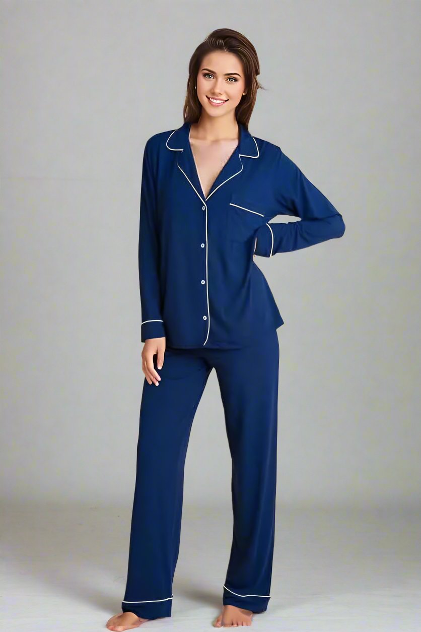 Eberjey Gisele Long PJ Set Color: Navy/Ivory, Delphinium/Ivory, Ivory/Navy, Haute Red/Bone, Charcoal Heather / Sorbet Pink, Heather Grey/Sorbet Pink, Black/Sorbet, Water Blue/White, Graphite/Sorbet, Bellini/Bright Pink, Light Orchid/Ivory, Bright Pink/Bellini, Pearl Blush/Haute Red, Willow Green/Bone, Light Lilac/Ivory, Tulip Off White/Light Lilac, Ocean Bay/Ivory Size: XS, S, M, L, XL at Petticoat Lane Greenwich, CT