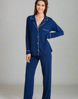 Eberjey Gisele Long PJ Set Color: Navy/Ivory, Delphinium/Ivory, Ivory/Navy, Haute Red/Bone, Charcoal Heather / Sorbet Pink, Heather Grey/Sorbet Pink, Black/Sorbet, Water Blue/White, Graphite/Sorbet, Bellini/Bright Pink, Light Orchid/Ivory, Bright Pink/Bellini, Pearl Blush/Haute Red, Willow Green/Bone, Light Lilac/Ivory, Tulip Off White/Light Lilac, Ocean Bay/Ivory Size: XS, S, M, L, XL at Petticoat Lane Greenwich, CT