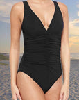 Karla Colletto Smart V-Neck One Piece Color: Black, Navy, Ocean, Cherry, Dahlia, Charcoal Size: 6, 8, 10, 12, 14, 16 at Petticoat Lane Greenwich, CT