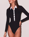 Long Sleeve High Collar Snap Bodysuit in Black