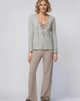 Bani Flared Knit Pants with Silk Stripes in Taupe