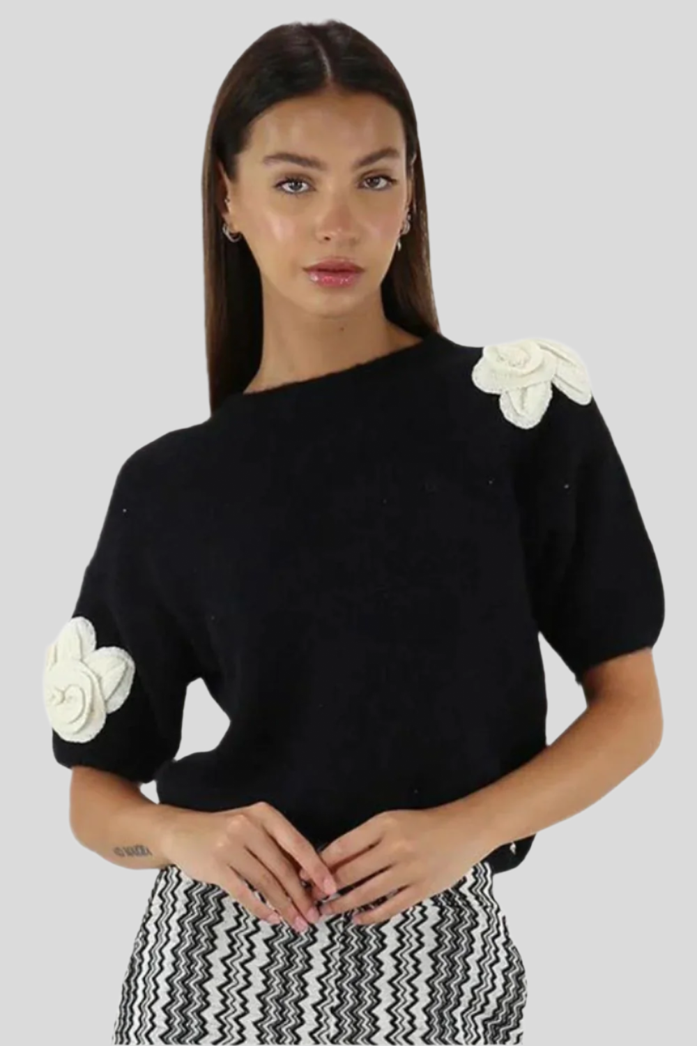 Knit Sweater with Flower Applications in Black