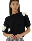 Knit Sweater with Flower Applications in Black