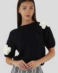 Knit Sweater with Flower Applications in Black