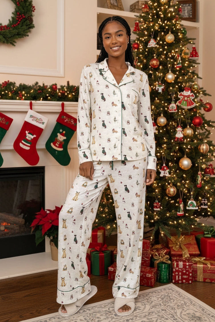 Person wearing a pajama set with animal print on a white background
