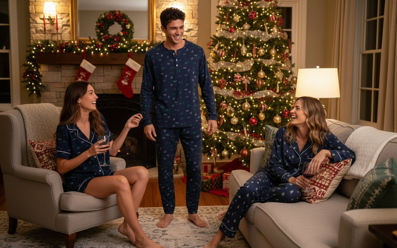 Gisele Printed Long PJ Set in Forest Pine Navy/Ivory