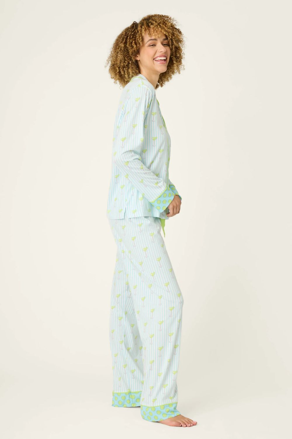 Striped Cocktails Long PJ Set in Light Blue