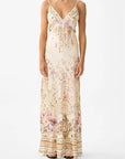 V-Neck Full Length Bias Slip Dress in Adorned Aranjuez