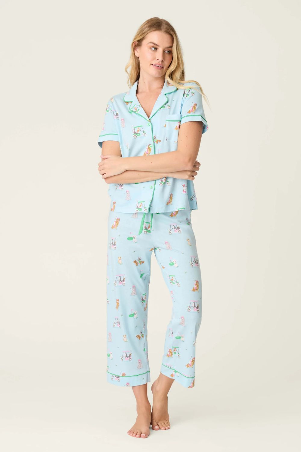 Dogs Playing Golf Short Sleeve and Pants PJ Set in Light Blue