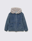 Davi Denim Down Jacket with Hood and Faux Fur