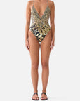 Padded V-Neck One Piece with Cross Back in Leotigra