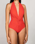 The Plunge Halter One-Piece Swimsuit in Cherry