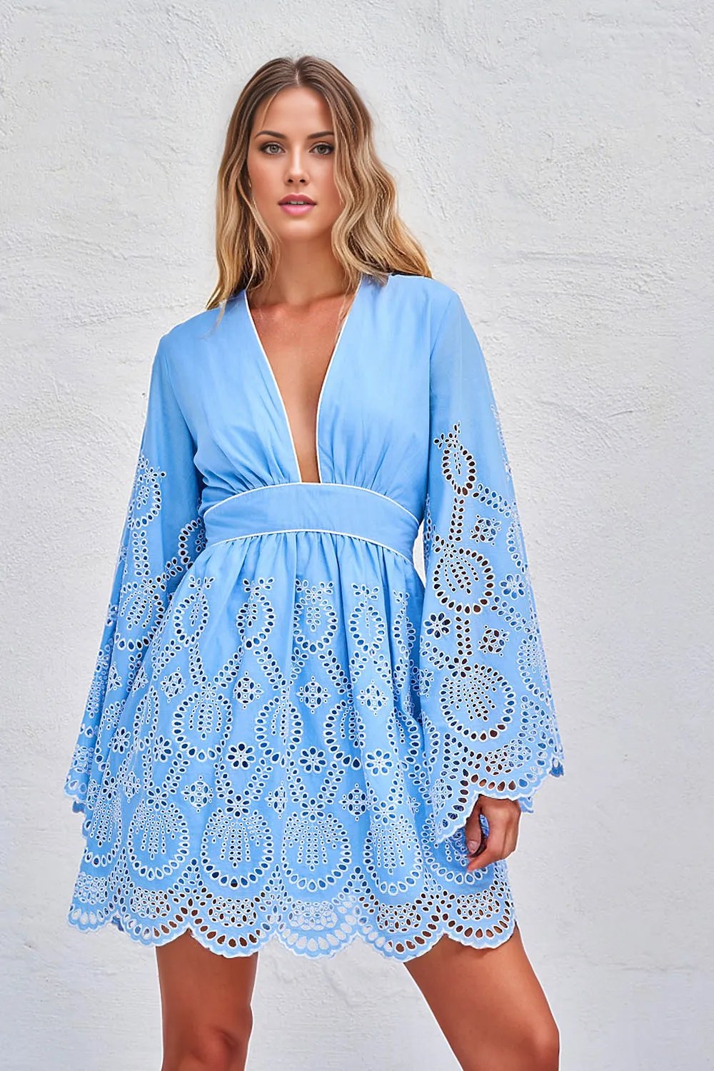 Title: Lace Long Sleeve Mini Dress Blue by Lace | Petticoat Lane Light Blue / S Title: Lace Long Sleeve Mini Dress Blue by Lace | Petticoat Lane Light Blue / S