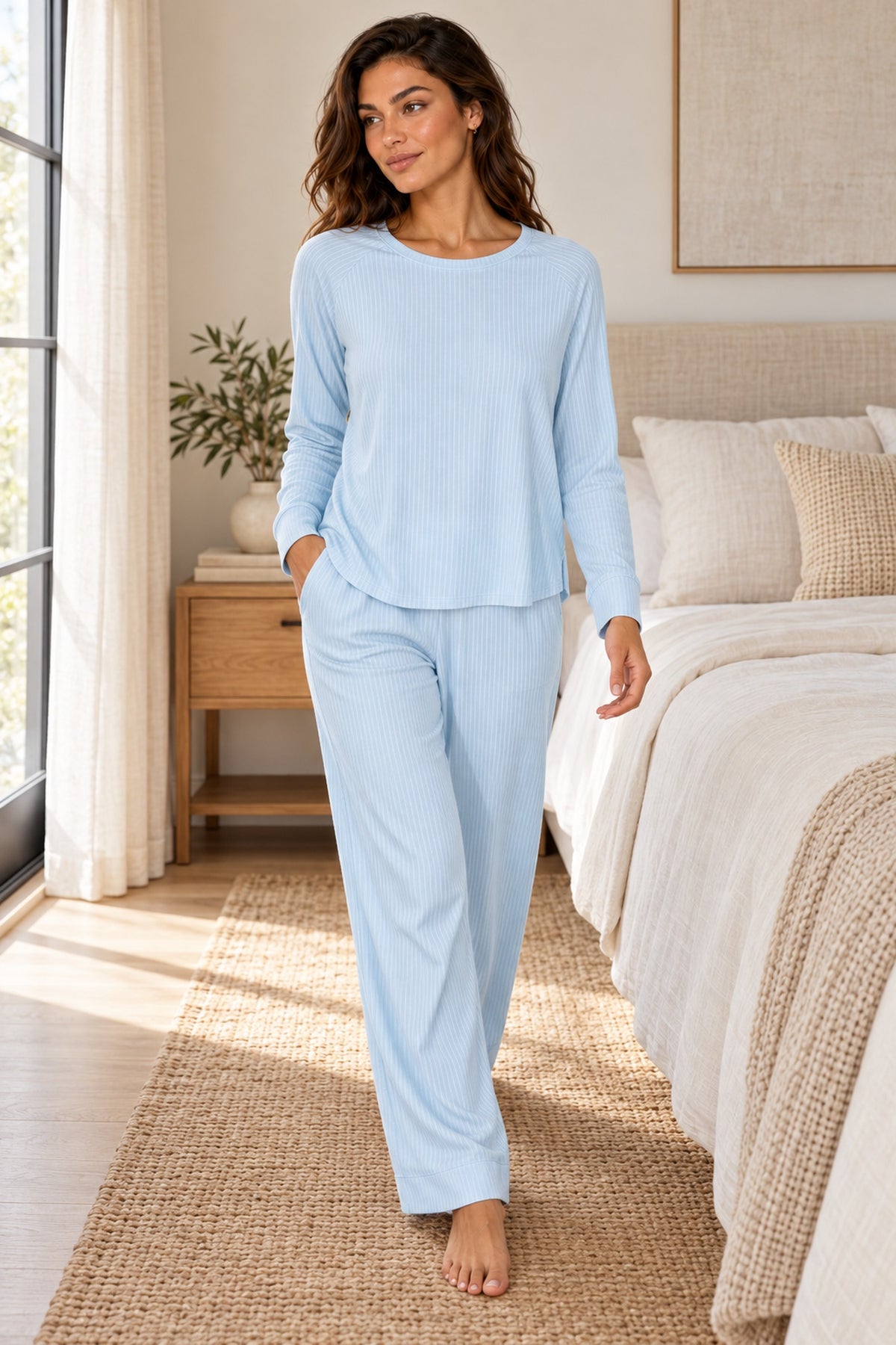 Cannes Pinstripe Long Set in Cool Blue — Petticoat Lane brunette model, lifestyle photograph
