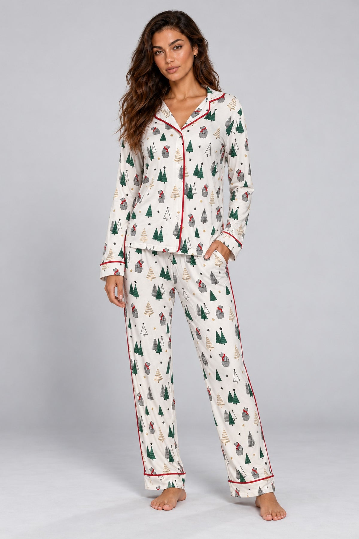 Jolene Holiday Print Long Pj Set — Petticoat Lane brunette model, studio photograph