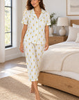 Pineapple Print Cropped Pajama Set — Petticoat Lane brunette model, lifestyle photograph