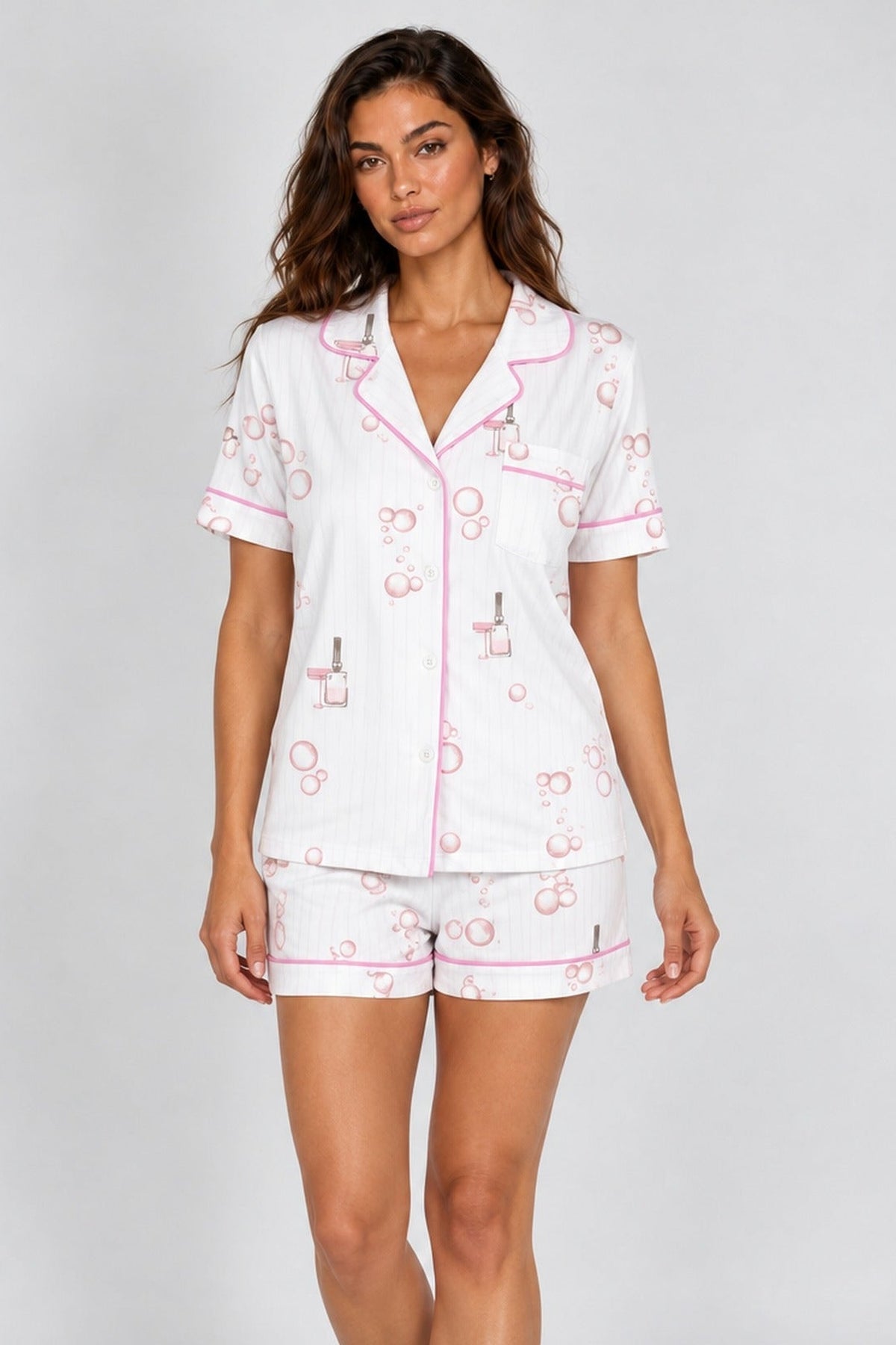 Jolene Short PJ Set in Rose Bubbles — Petticoat Lane brunette model, studio photograph