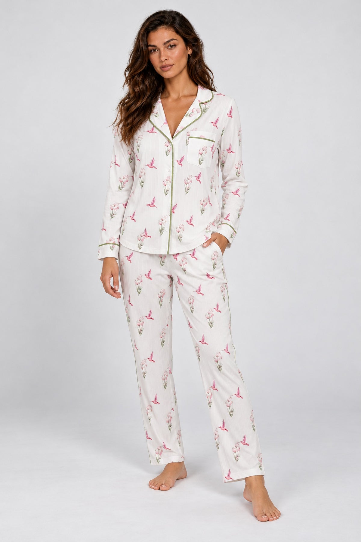 Jolene Hummingbirds Print Long PJ Set — Petticoat Lane brunette model, studio photograph
