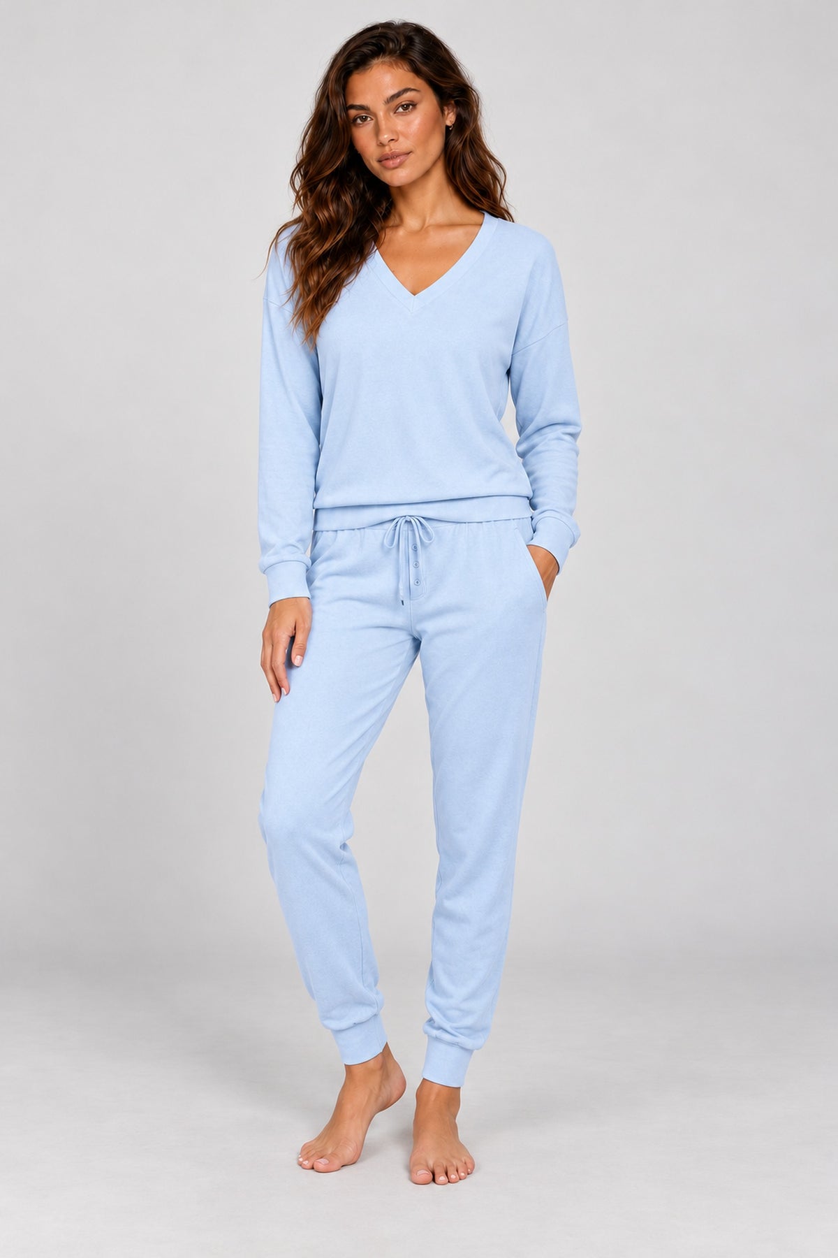 Cozy V-Neck Top and Jogger Set in Ice Met — Petticoat Lane brunette model, studio photograph
