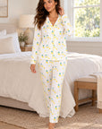 Aspen Dream Jolene Tennis Print Long PJ Set in ivory with yellow piping — lifestyle model photograph