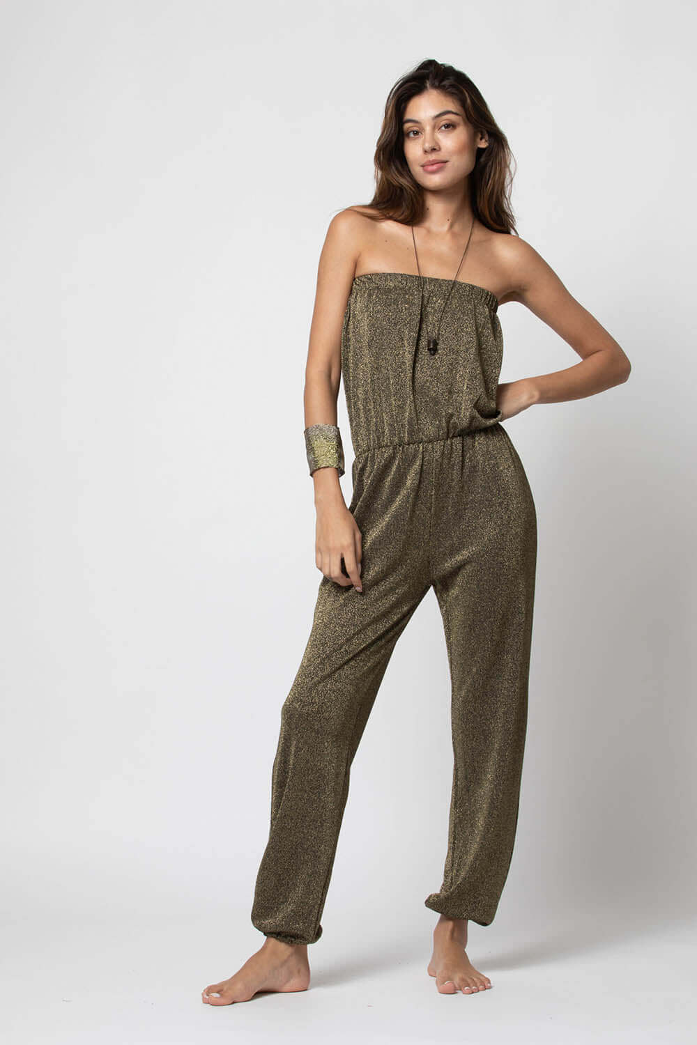 Beliza Glitter Tube-Top & Trousers Jumpsuit in Gold/Khaki