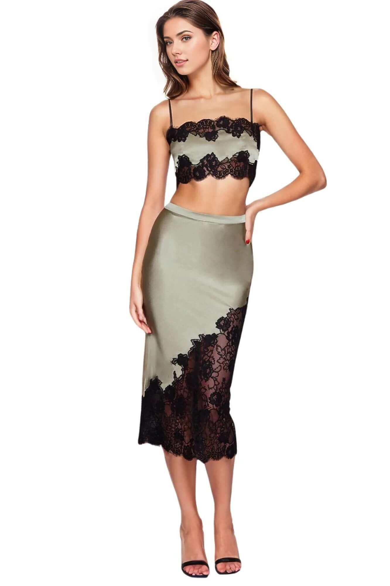 Silk and Lace Scallop Midi Skirt in Olive Green