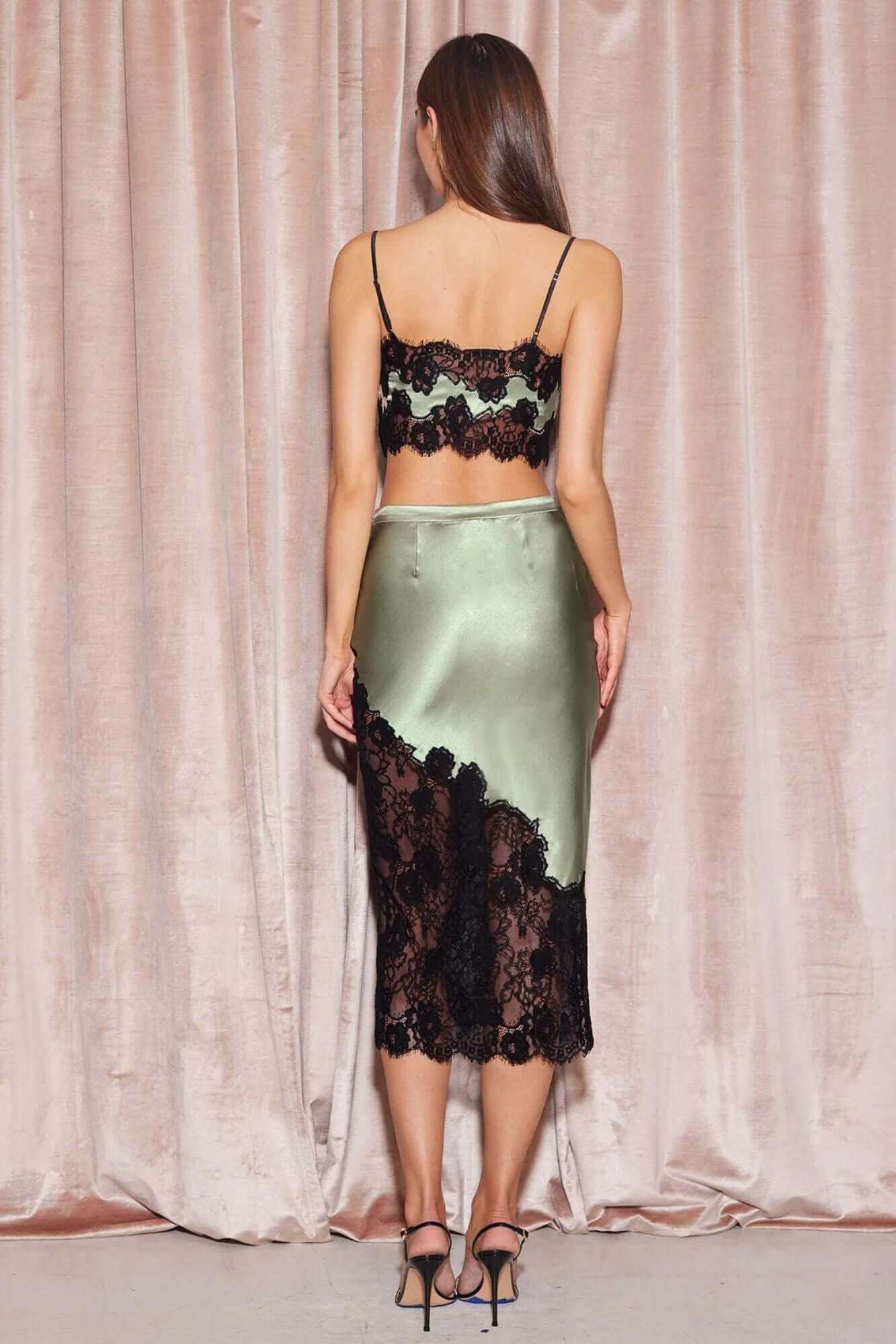 Silk and Lace Scallop Midi Skirt in Olive Green