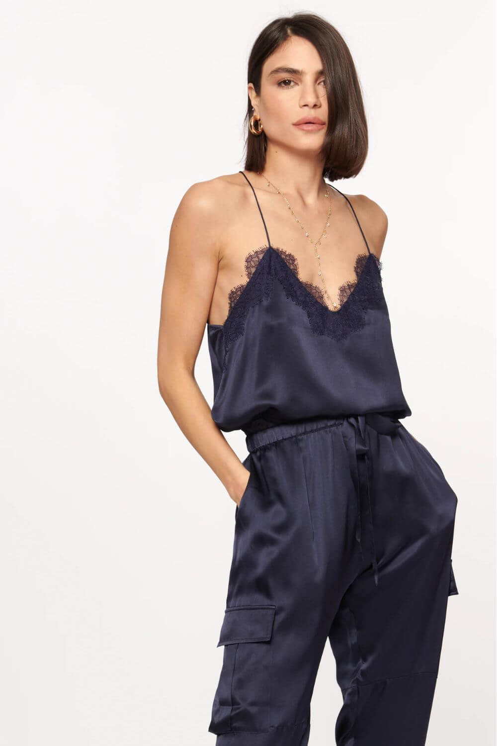 Cami NYC Racer Charmeuse Cami in Navy