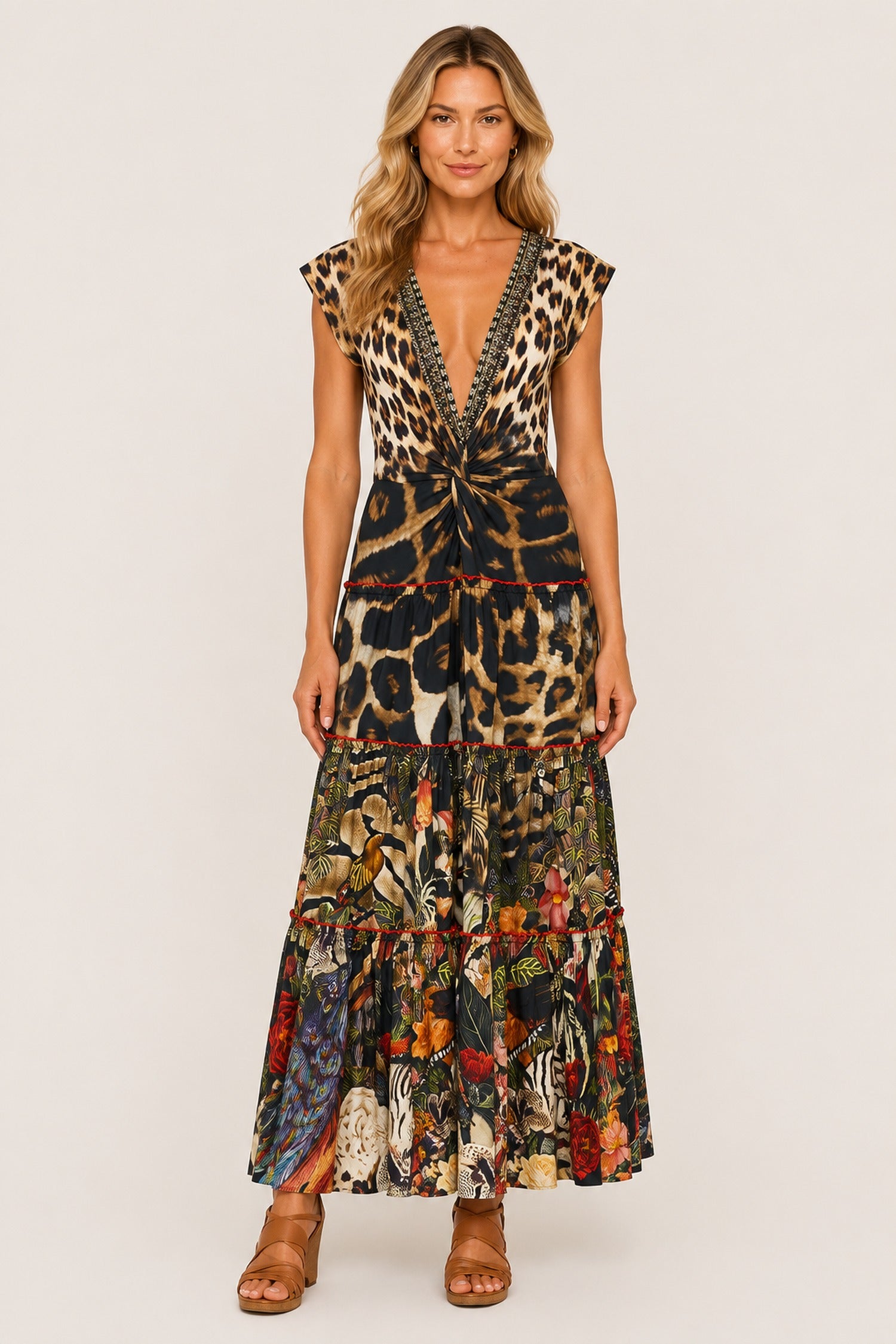 Camilla Cap Sleeve Twist Front Dress in Leotigra