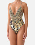 Camilla Padded V-Neck One Piece with Cross Back in Leotigra