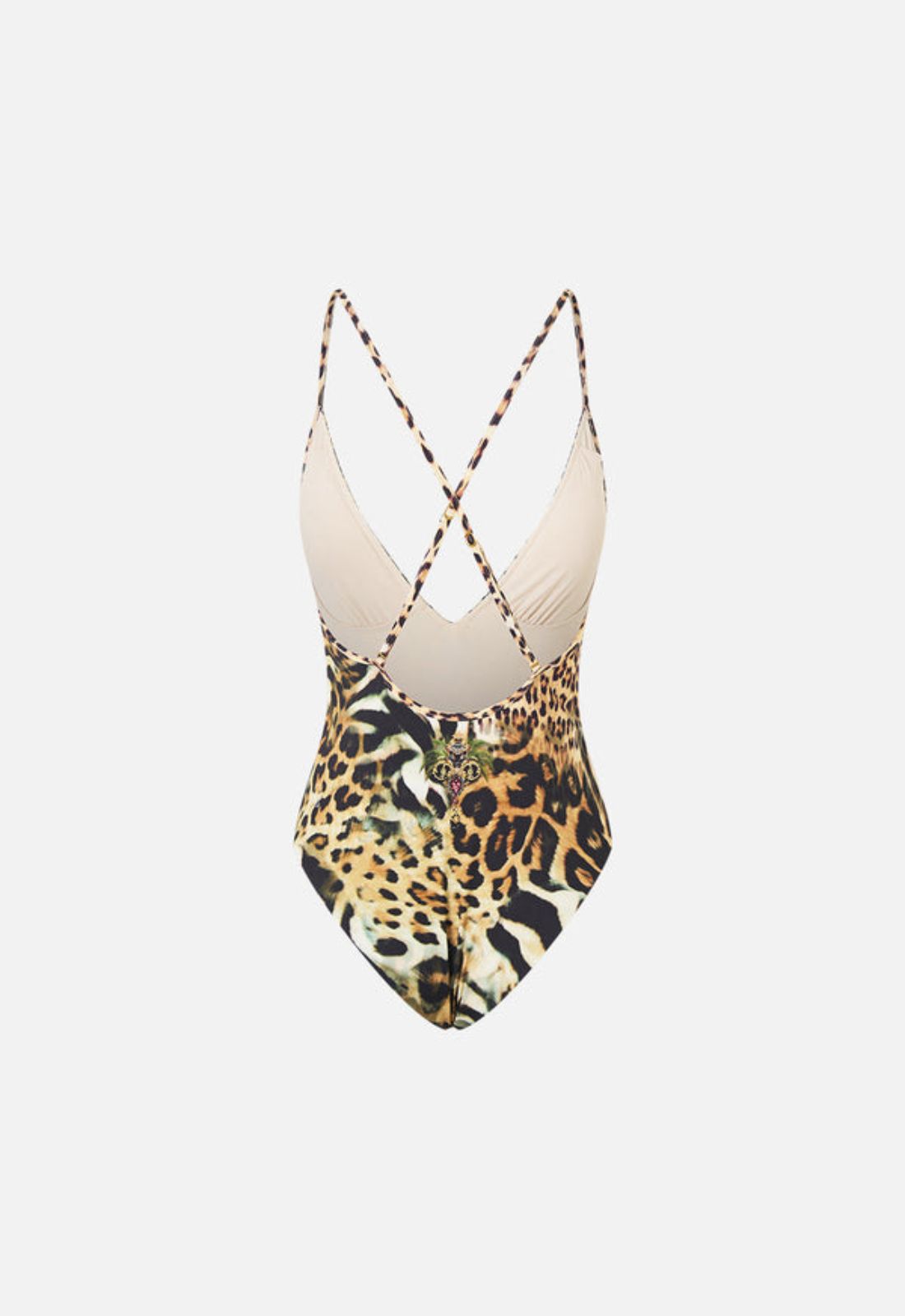 Camilla Padded V-Neck One Piece with Cross Back in Leotigra
