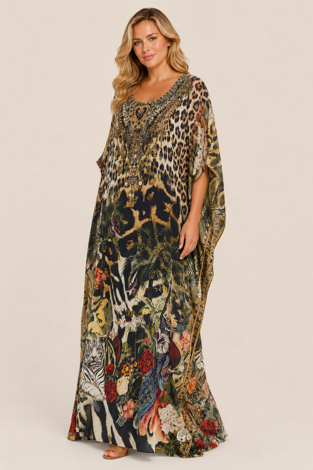 Camilla Round Neck Kaftan in Leotigra angle view