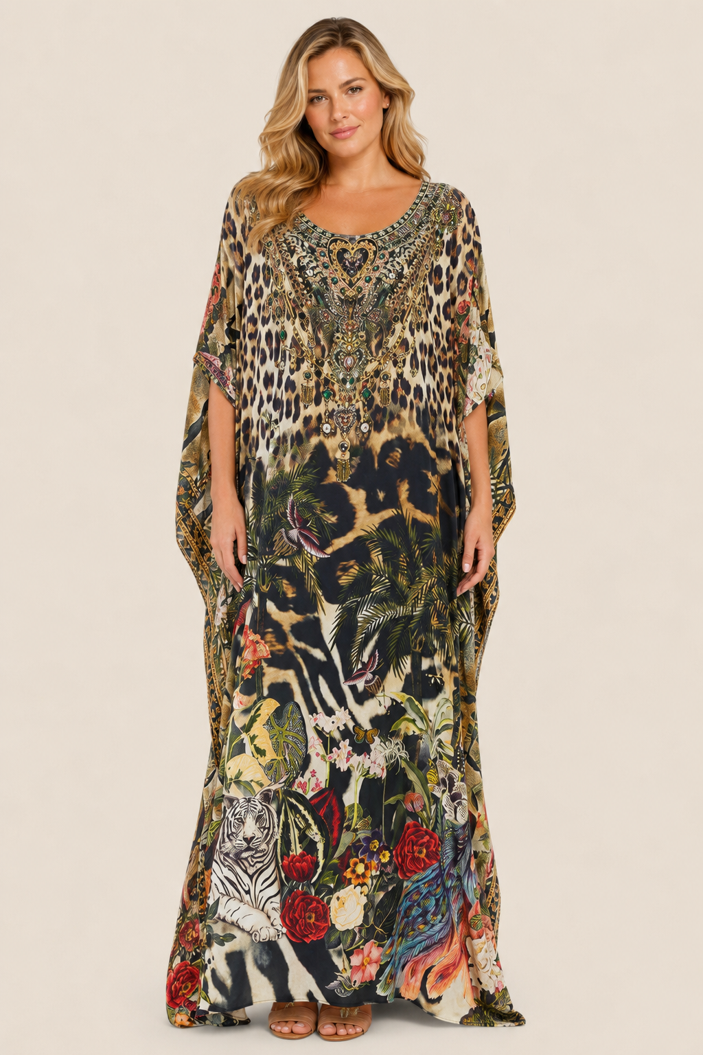 Camilla Round Neck Kaftan in Leotigra front view
