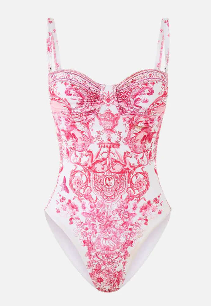 Camilla Ruched Cup Underwire One-Piece Swimsuit in Livin La Vida Rosa