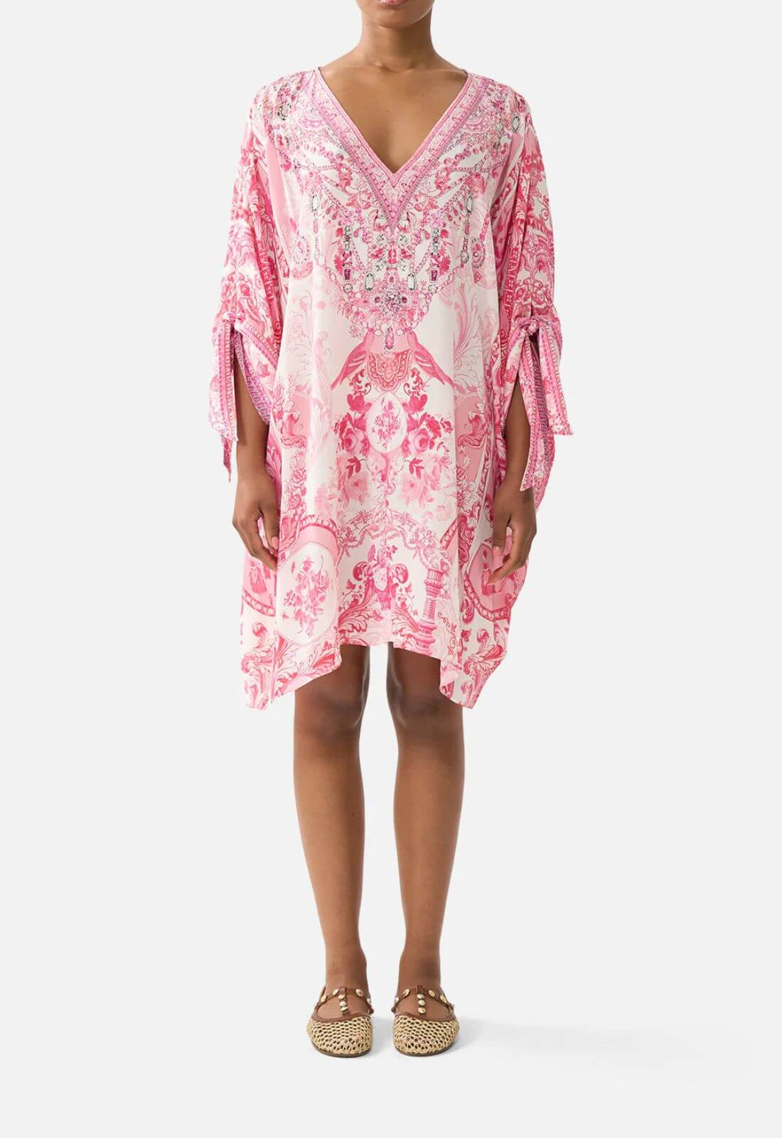 Camilla Tie Sleeve Short V-Neck Kaftan in Livin La Vida Rosa