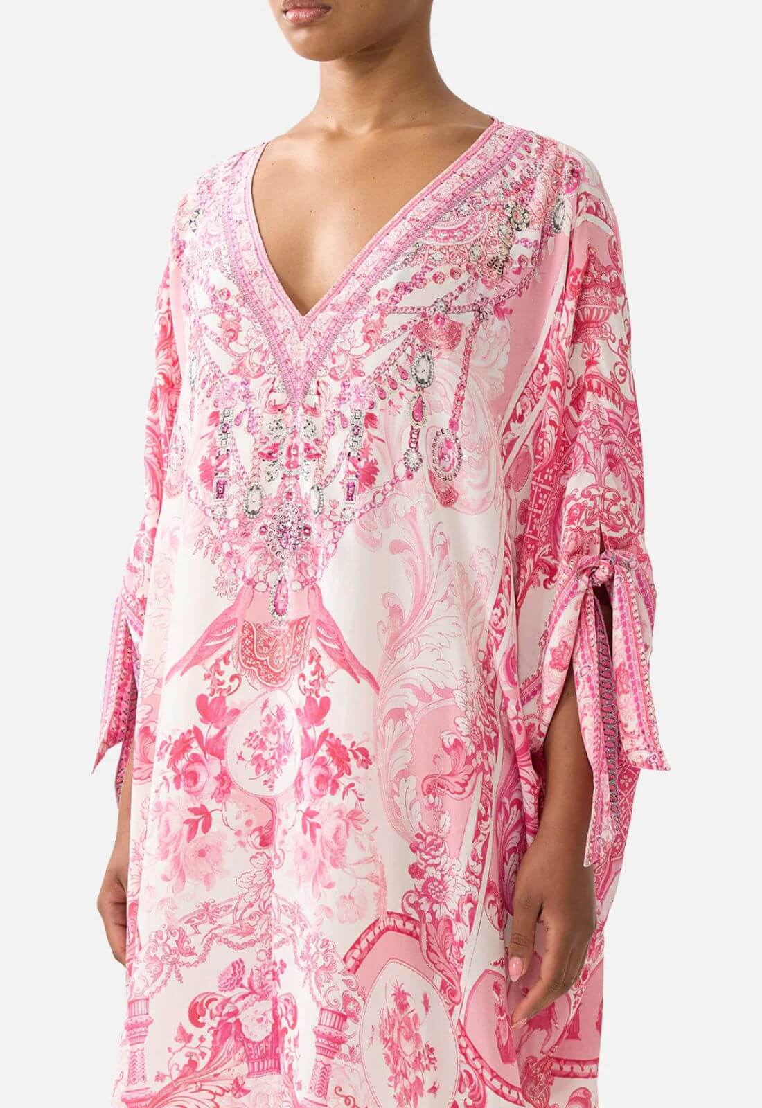 Camilla Tie Sleeve Short V-Neck Kaftan in Livin La Vida Rosa