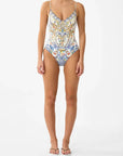 Camilla V-Neck One Piece with Lace up Tie Back in The Pottery Parlour