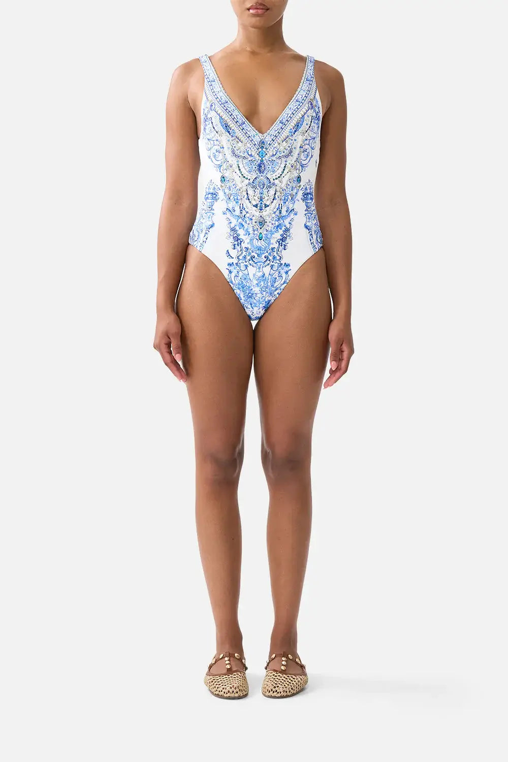 Camilla V-Neck One Piece Swimsuit in Ceramic Panoramic