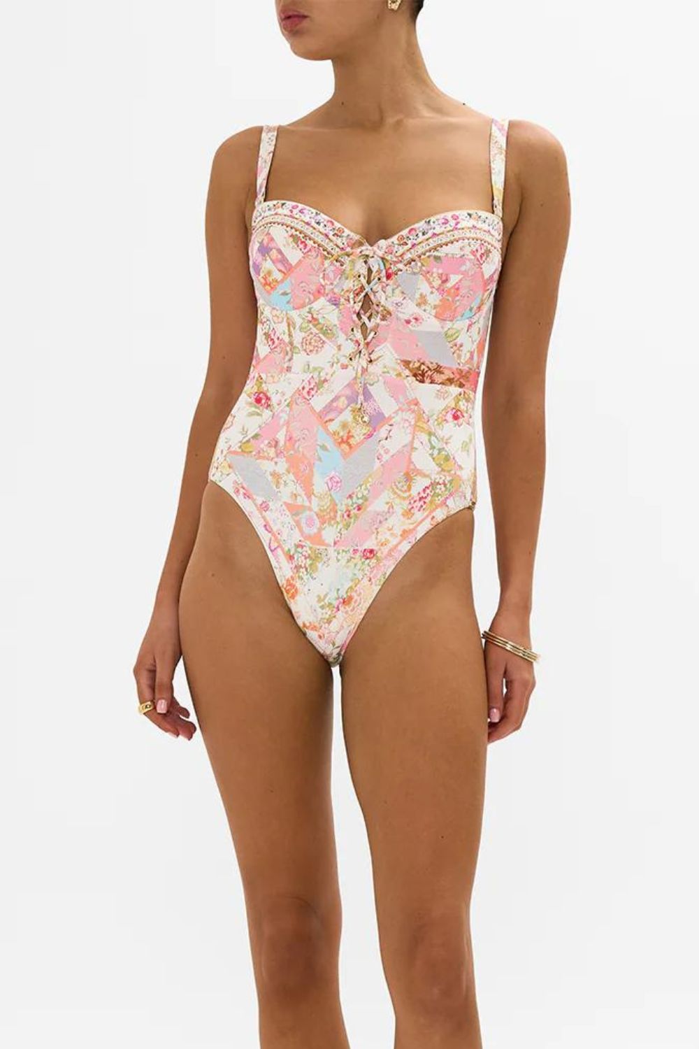 Lace-Up Balconette Underwire One-Piece in Sew Yesterday