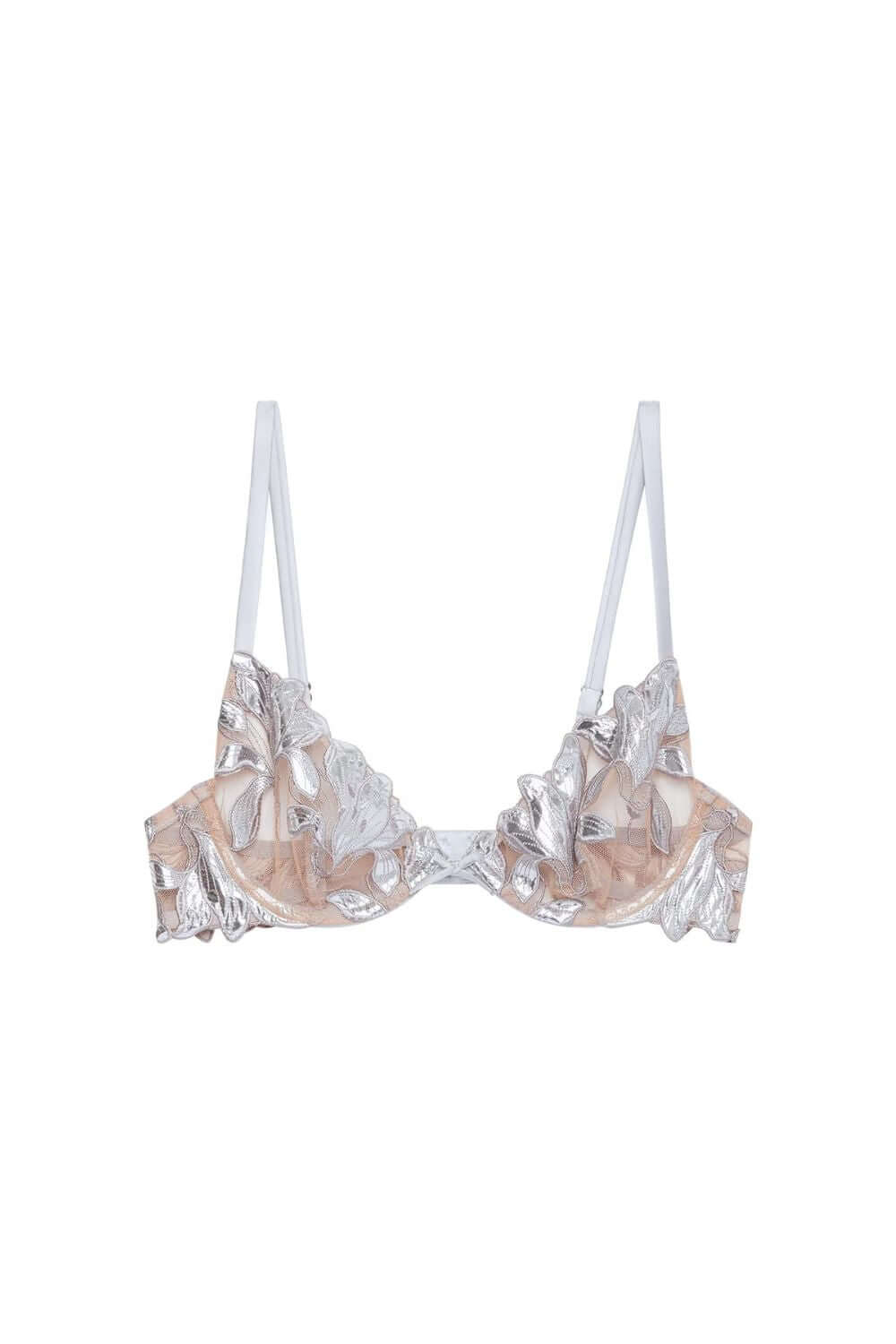 Fleur du Mal Foil Lily Embroidery Bra in Platinum