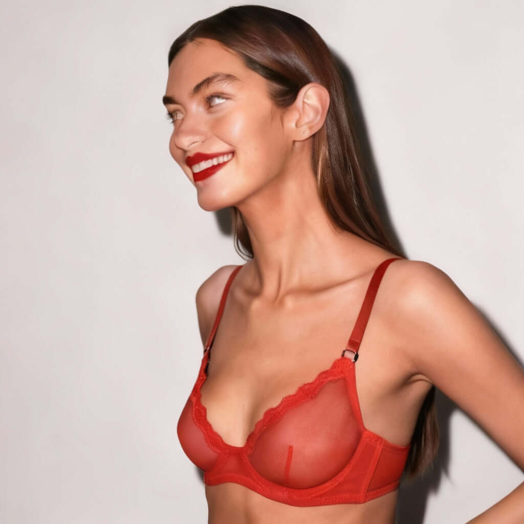 Fleur du Mal Sheer Tulle Demi Bra in Rouge
