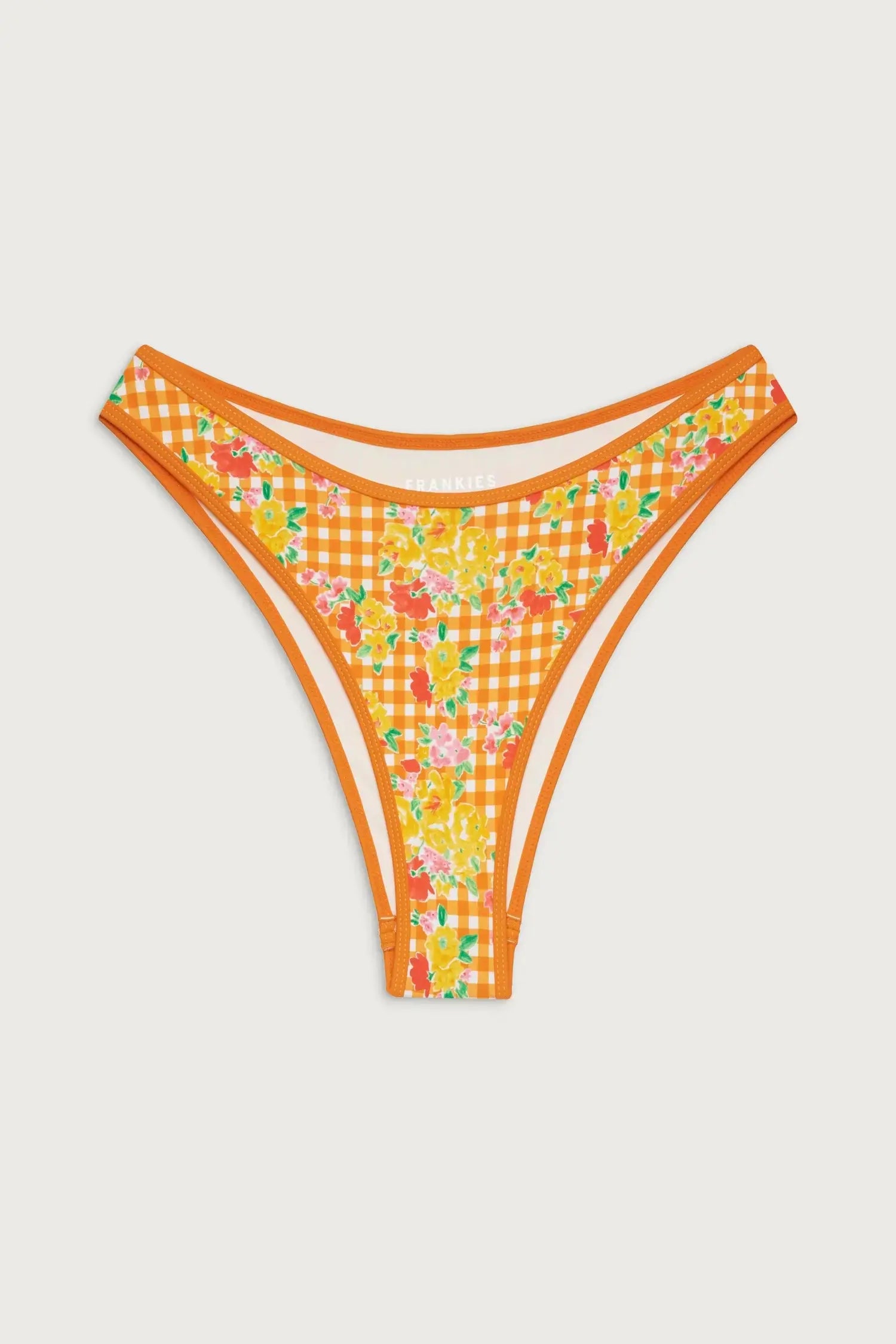 Frankies Bikinis Nick Top and Dove Bottom in Marigold Gingham bottom detail