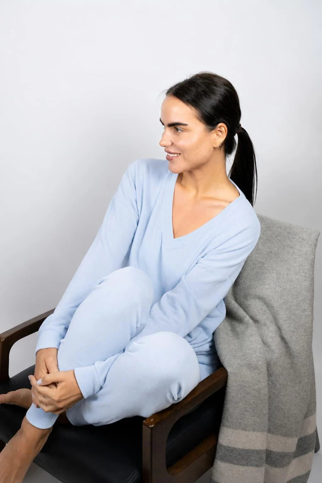 Aspen Dream Cozy V-Neck Top and Jogger Set in Ice Melt — seated model