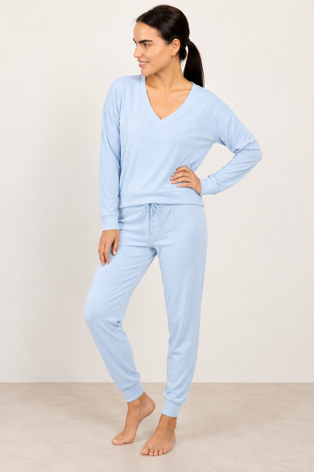 Aspen Dream Cozy V-Neck Top and Jogger Set in Ice Melt — three-quarter standing view
