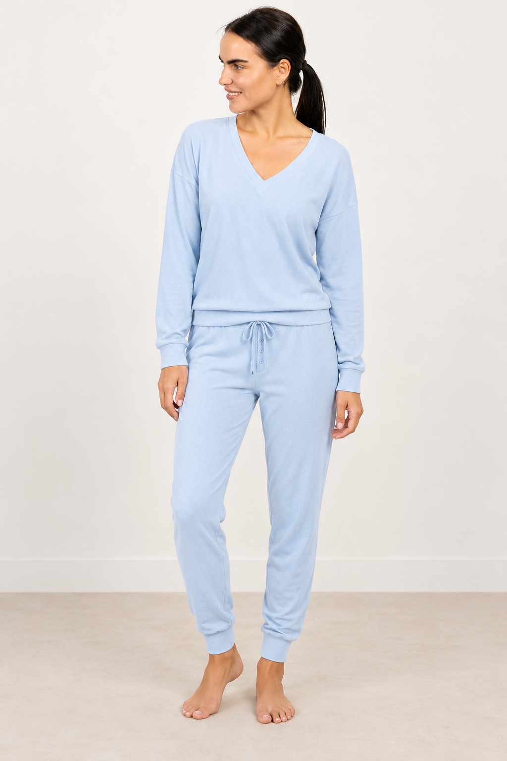 Aspen Dream Cozy V-Neck Top and Jogger Set in Ice Melt — full-length standing model
